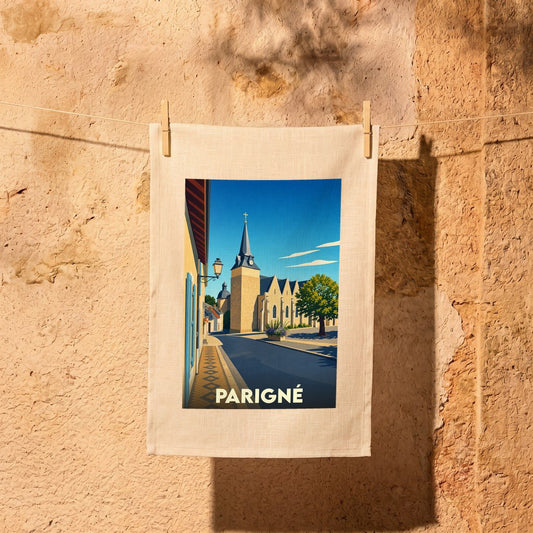 Torchon souvenir de la ville de Parigné avec une illustration stylisée.