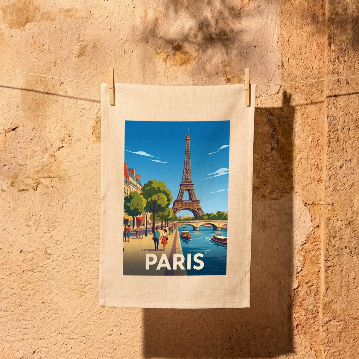 Torchon souvenir de la ville de Paris avec une illustration stylisée de la Seine et de la tour Eiffel.