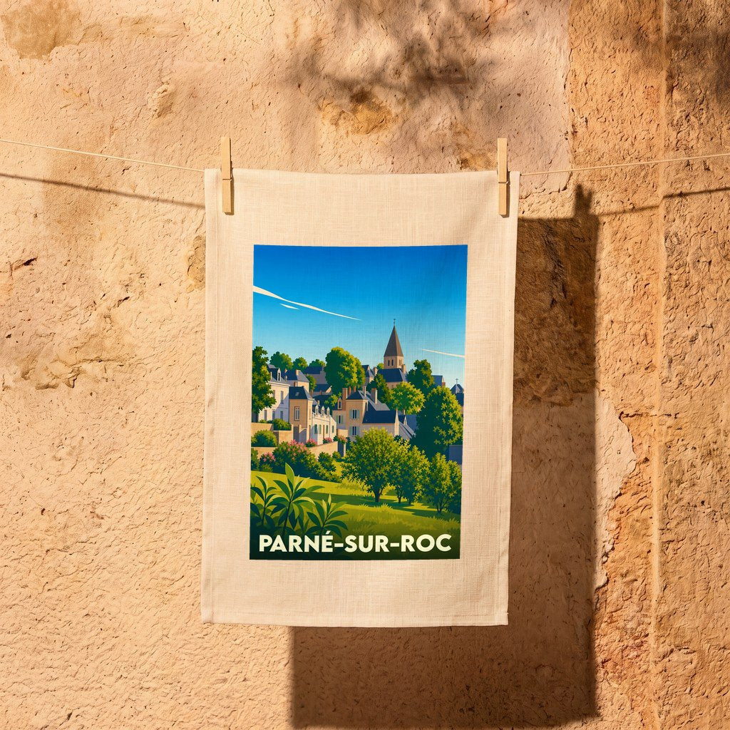 Torchon souvenir de la ville de Parné-sur-Roc avec une illustration stylisée et colorée de la commune.