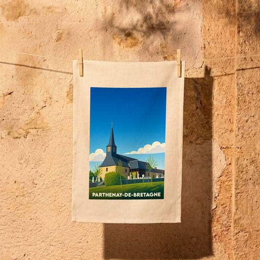 Torchon souvenir de la ville de Parthenay-de-Bretagne avec une illustration stylisée de son église.