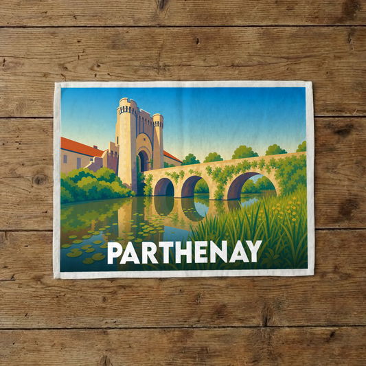 Torchon souvenir de la ville de Parthenay illustré d'un pont médiéval et de sa tour fortifiée.