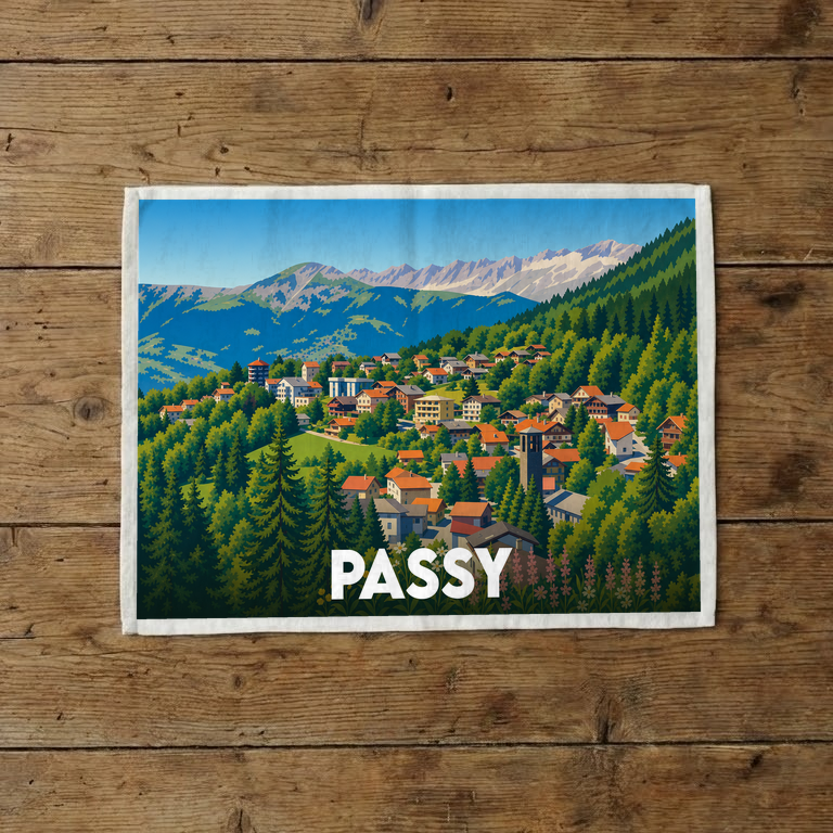 Torchon souvenir de la ville de Passy illustré d'un village de montagne niché dans une forêt alpine.
