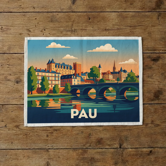 Torchon souvenir de la ville de Pau avec une illustration stylisée de son paysage urbain historique.