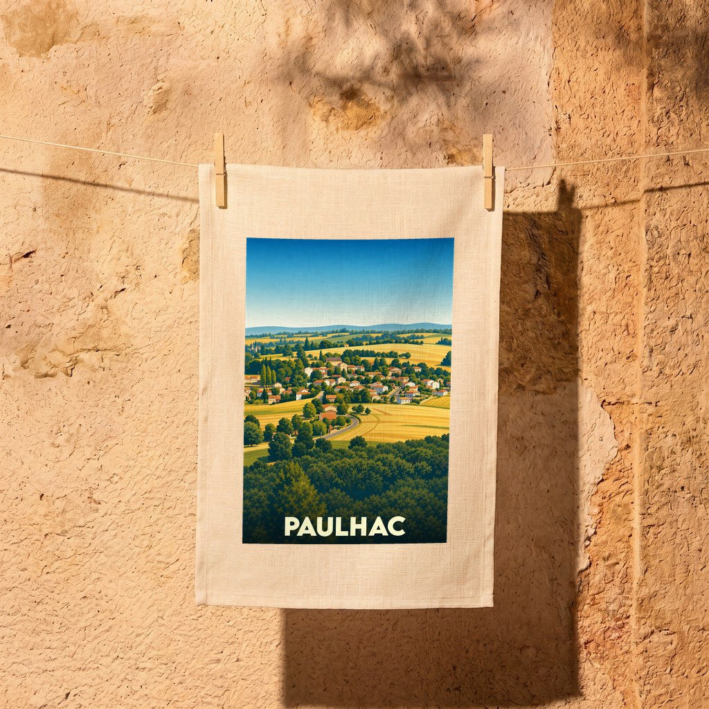 Torchon souvenir de la ville de Paulhac avec une illustration paysagère stylisée.