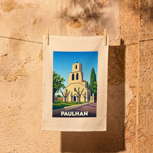 Torchon souvenir de la ville de Paulhan illustré par une affiche stylisée représentant son église.