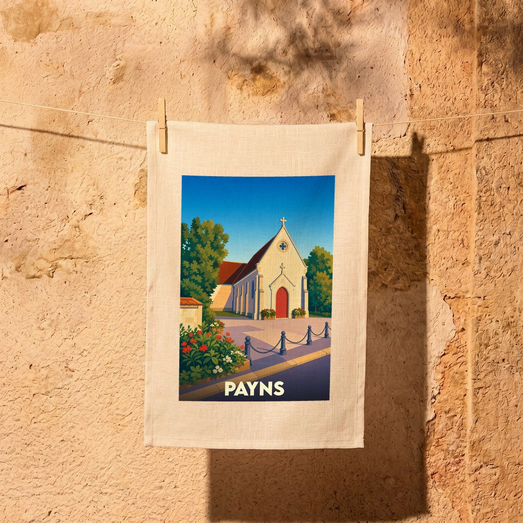 Torchon souvenir de la ville de Payns avec une illustration stylisée d'une église sous un ciel bleu.