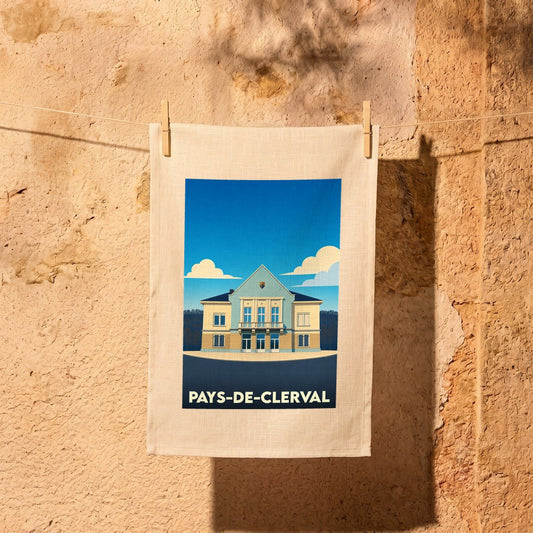 Torchon souvenir de Pays-de-Clerval orné d'une illustration stylisée de son hôtel de ville.
