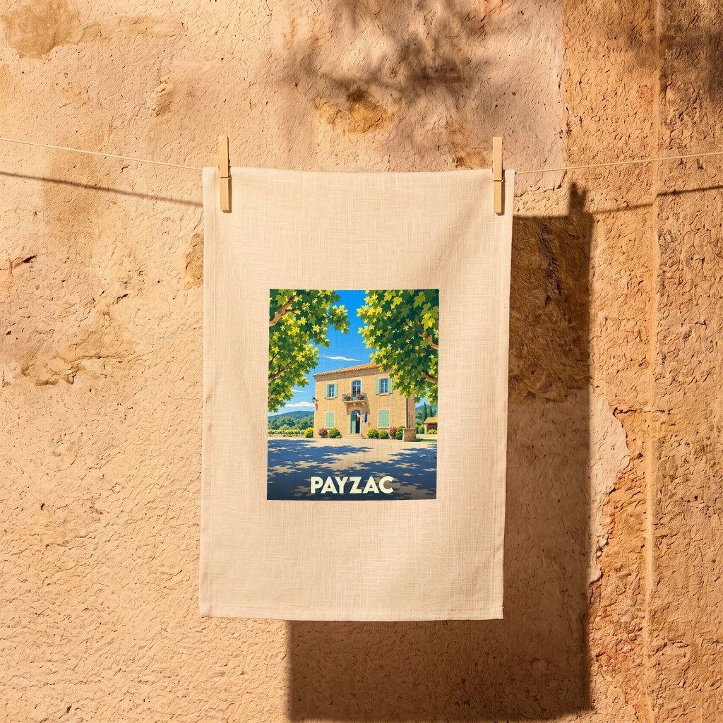 Torchon souvenir de la ville de Payzac avec une illustration stylisée représentant sa mairie sous les arbres.