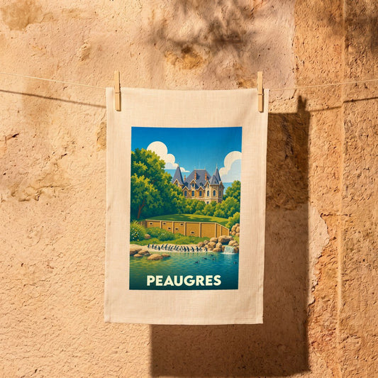 Torchon souvenir de la ville de Peaugres avec une illustration stylisée de son safari et de son château.