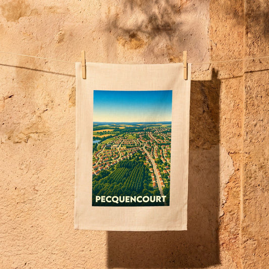 Torchon souvenir de la ville de Pecquencourt avec une illustration aérienne stylisée.