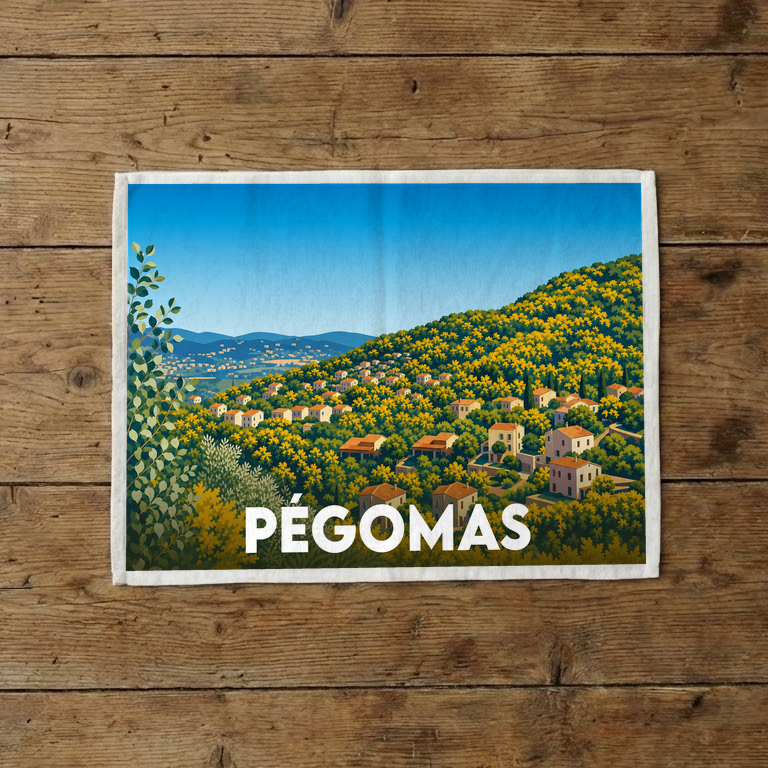 Torchon souvenir de la ville de Pégomas avec une illustration stylisée de son paysage vallonné et fleuri.