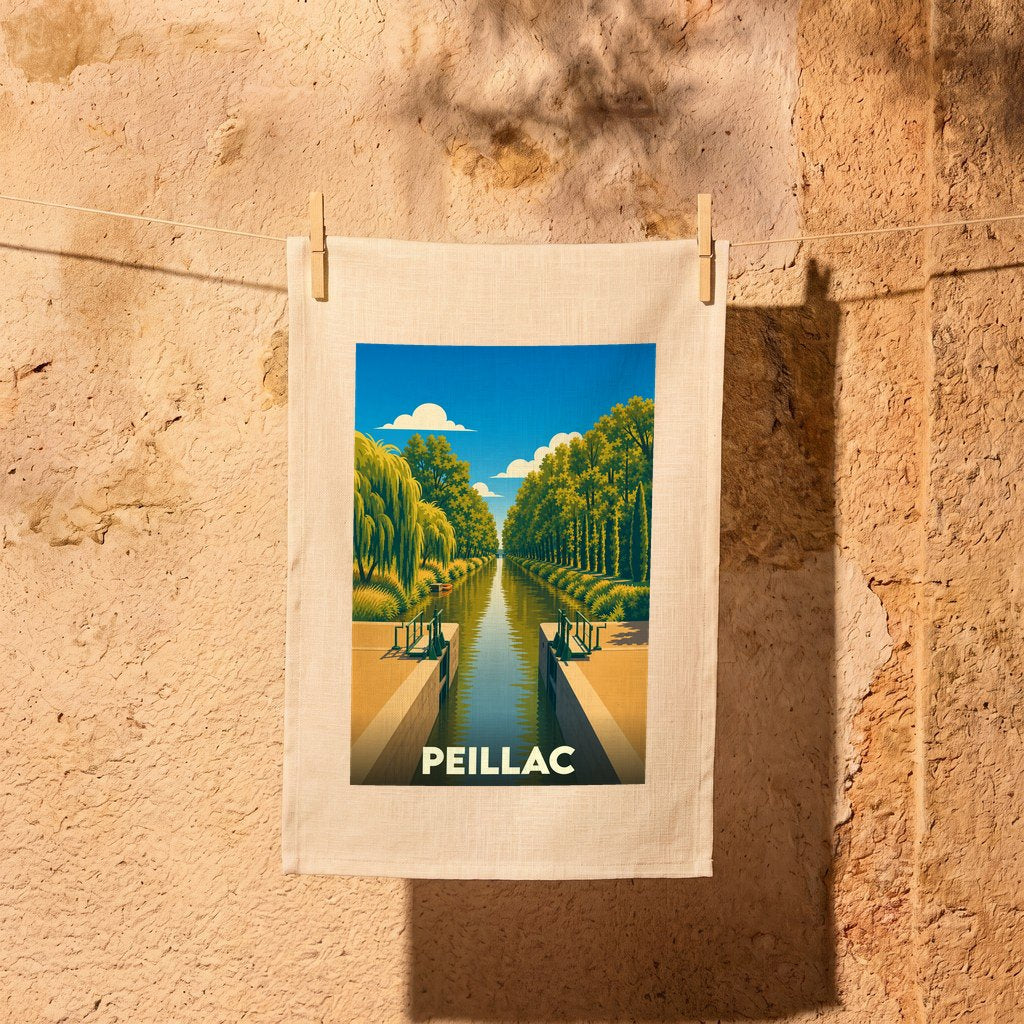 Torchon souvenir de la ville de Peillac avec une illustration stylisée d'un canal bordé d'arbres.