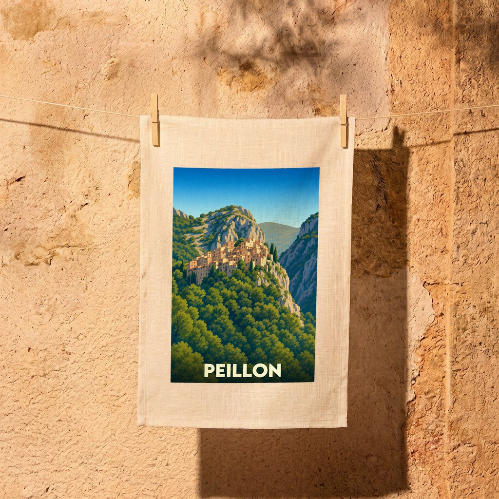 Torchon de cuisine souvenir de la ville de Peillon avec une illustration de son village perché.