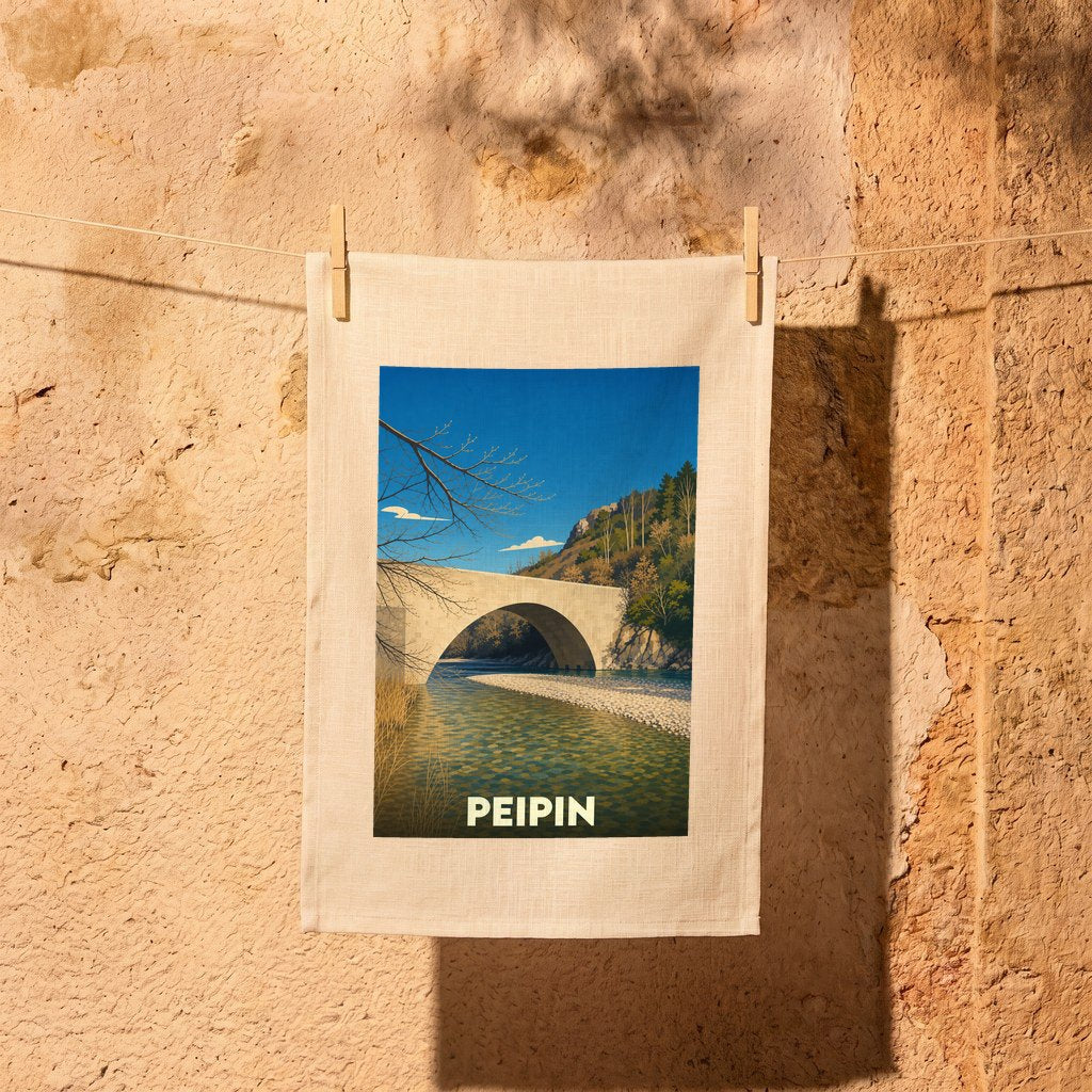 Torchon souvenir de la ville de Peipin avec une illustration stylisée d'un pont en pierre.