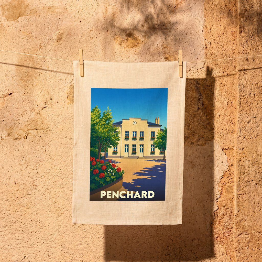 Torchon souvenir de la ville de Penchard avec une illustration stylisée.