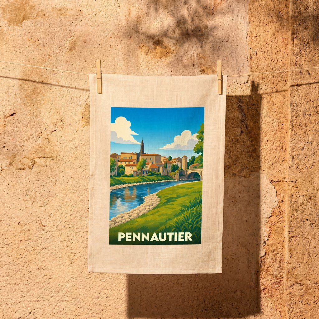 Torchon souvenir de la ville de Pennautier avec une illustration stylisée d'un paysage fluvial.