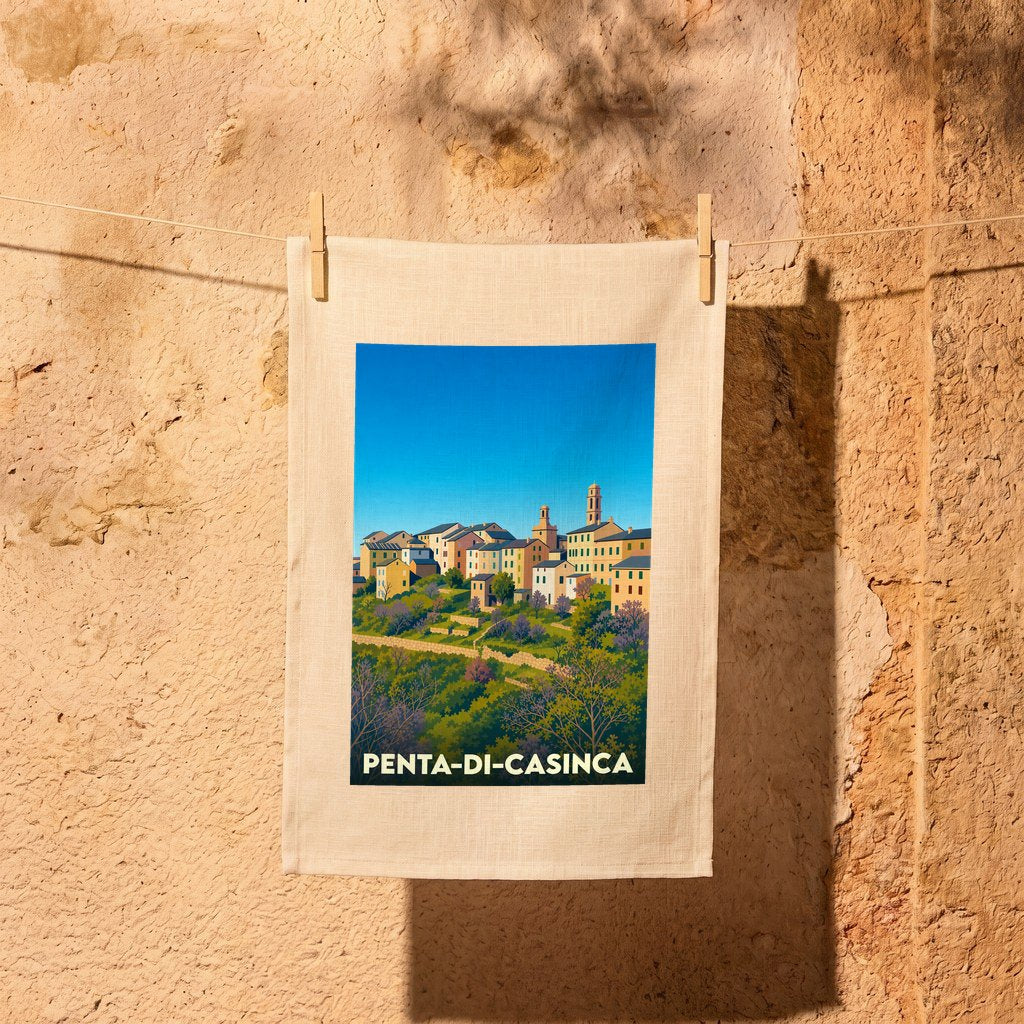 Torchon souvenir de la ville de Penta-di-Casinca avec une illustration stylisée d'un village corse perché.