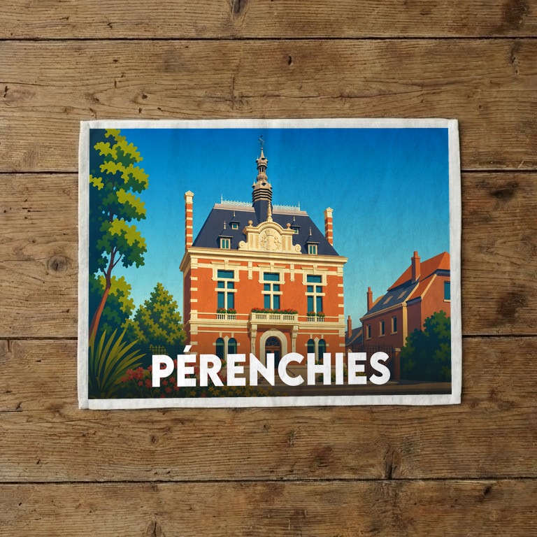 Torchon souvenir de la ville de Pérenchies avec une illustration stylisée de son hôtel de ville.