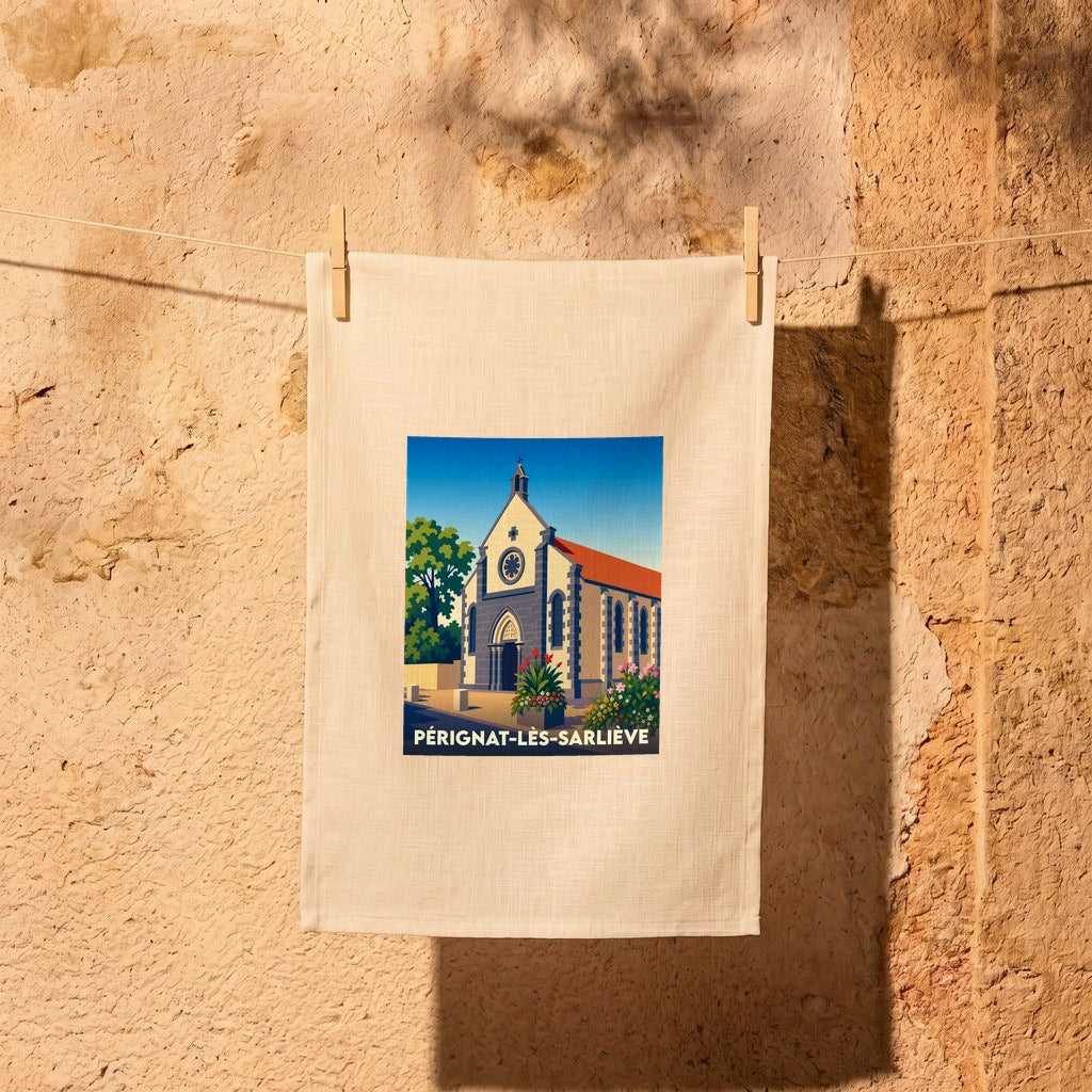 Torchon souvenir de Pérignat-lès-Sarliève orné d'une illustration stylisée de l'église locale.