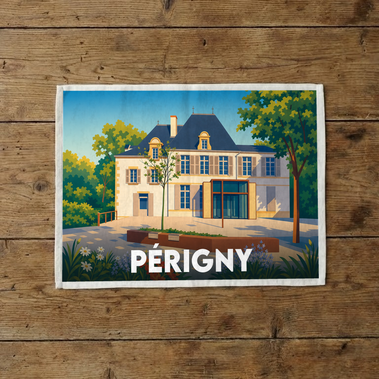 Torchon souvenir de la ville de Périgny avec une illustration stylisée de son patrimoine architectural.