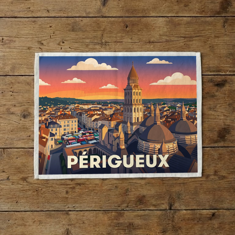 Torchon souvenir de la ville de Périgueux avec une illustration stylisée de sa cathédrale.