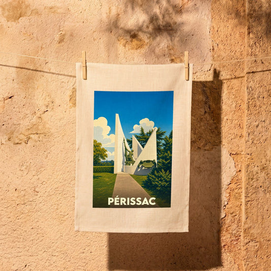 Torchon souvenir de la ville de Périssac avec une illustration stylisée d'un monument.