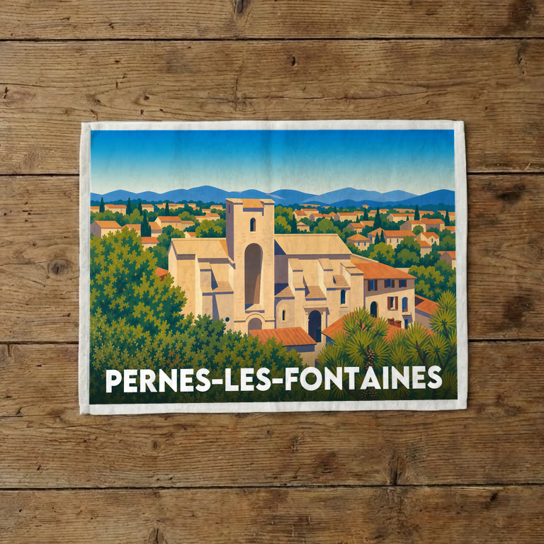 Torchon souvenir de la ville de Pernes-les-Fontaines avec une illustration stylisée.
