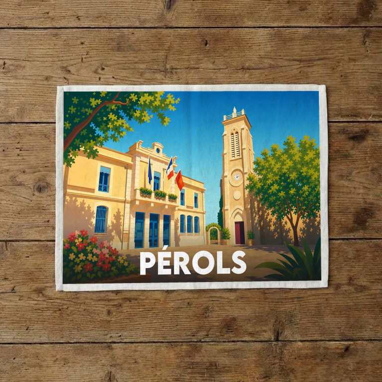 Torchon souvenir de la ville de Pérols illustrant son église et sa mairie sous un style rétro.