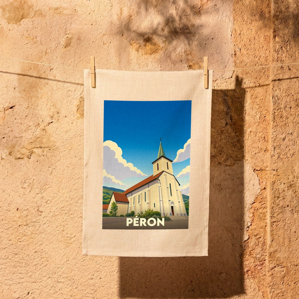 Torchon souvenir de la ville de Péron avec une illustration stylisée de son église.