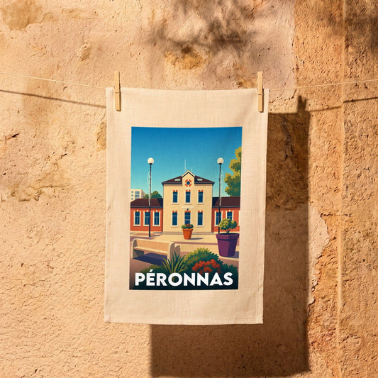 Torchon souvenir de la ville de Péronnas avec une illustration stylisée.