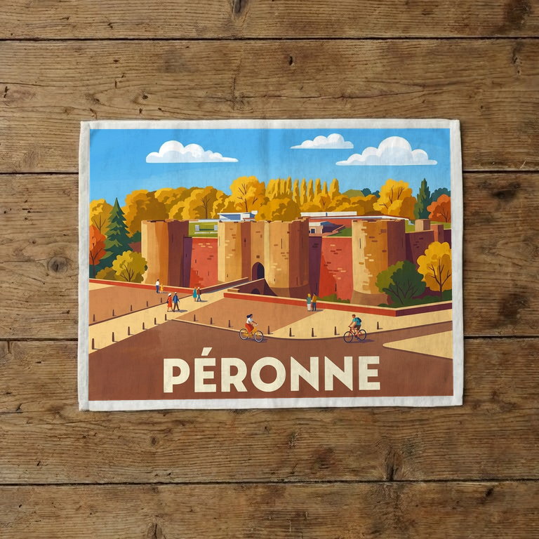 Torchon souvenir de la ville de Péronne avec une illustration stylisée et colorée.