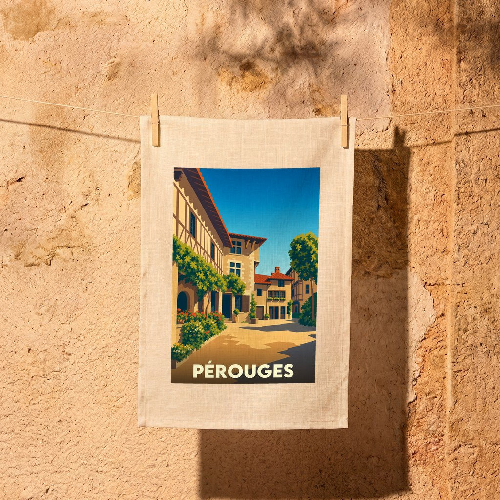 Torchon souvenir de la ville de Pérouges avec une illustration stylisée d'une rue médiévale ensoleillée.