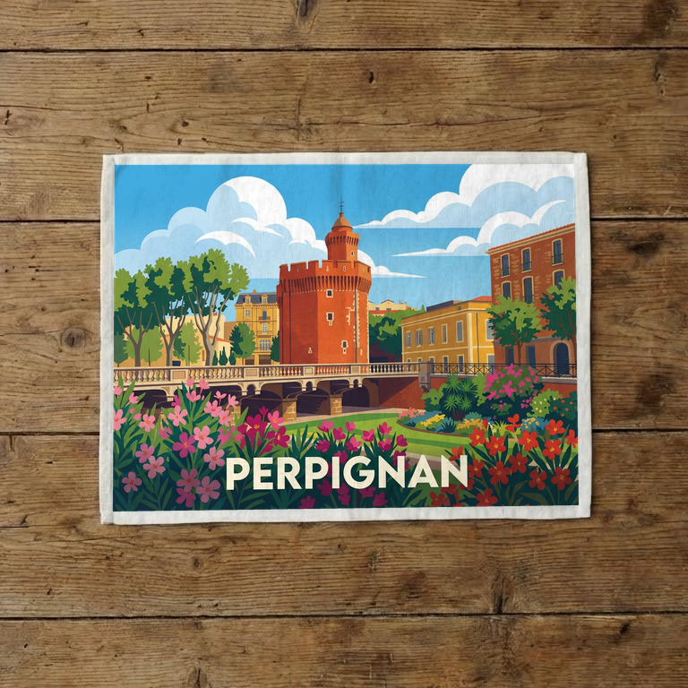 Torchon souvenir de la ville de Perpignan avec une illustration stylisée du Castillet.