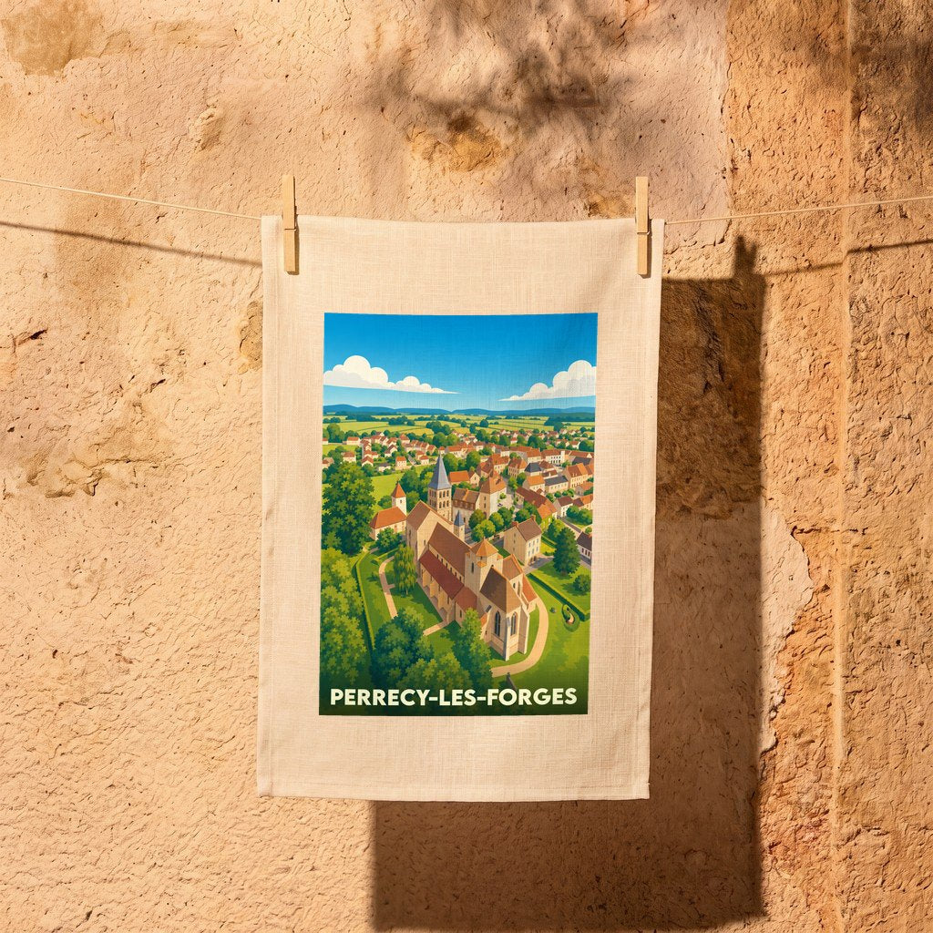 Torchon souvenir de la ville de Perrecy-les-Forges avec une illustration stylisée de son église et de ses paysages.