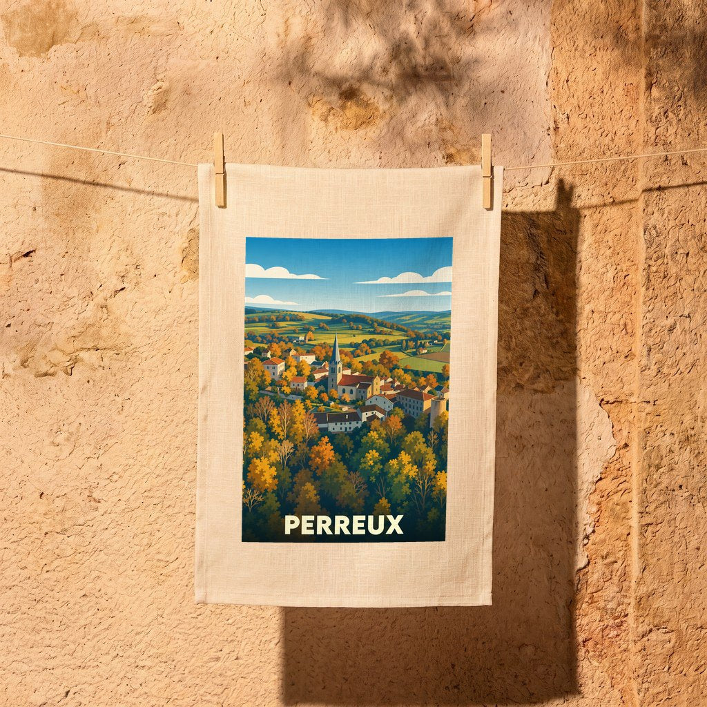 Torchon souvenir de la ville de Perreux illustré d'un paysage automnal stylisé.