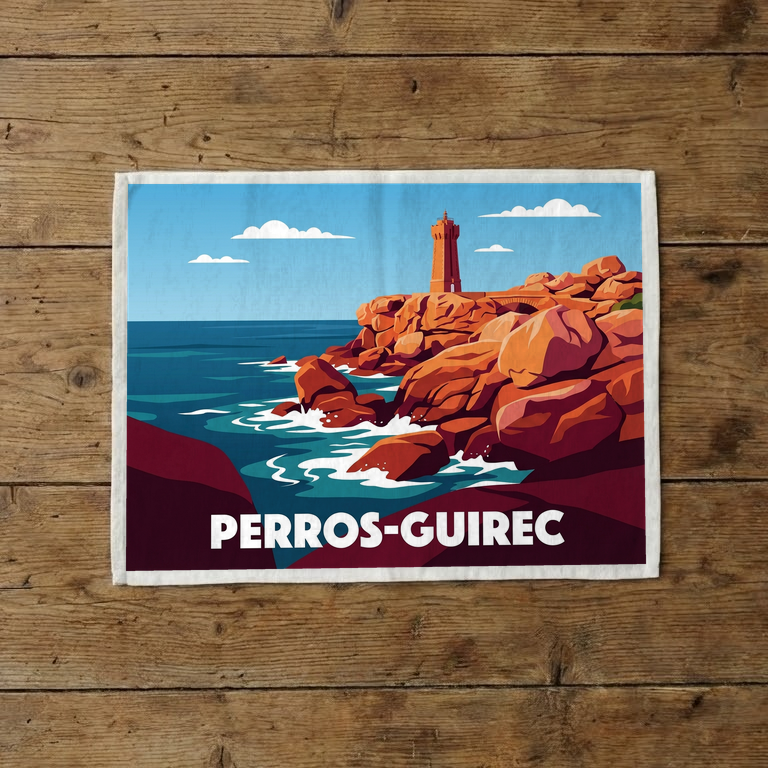 Torchon souvenir de la ville de Perros-Guirec avec une illustration stylisée de son phare sur la côte rocheuse.