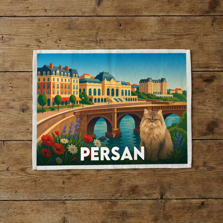 Torchon souvenir de la ville de Persan illustré d'un chat persan devant un paysage urbain stylisé.