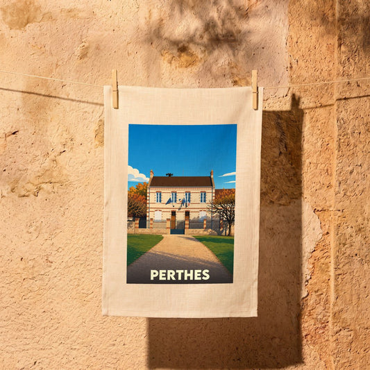 Torchon souvenir de la ville de Perthes avec une illustration stylisée.