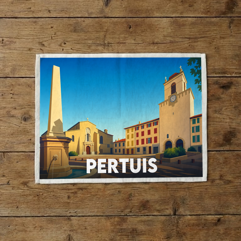 Torchon souvenir de la ville de Pertuis avec une illustration stylisée.