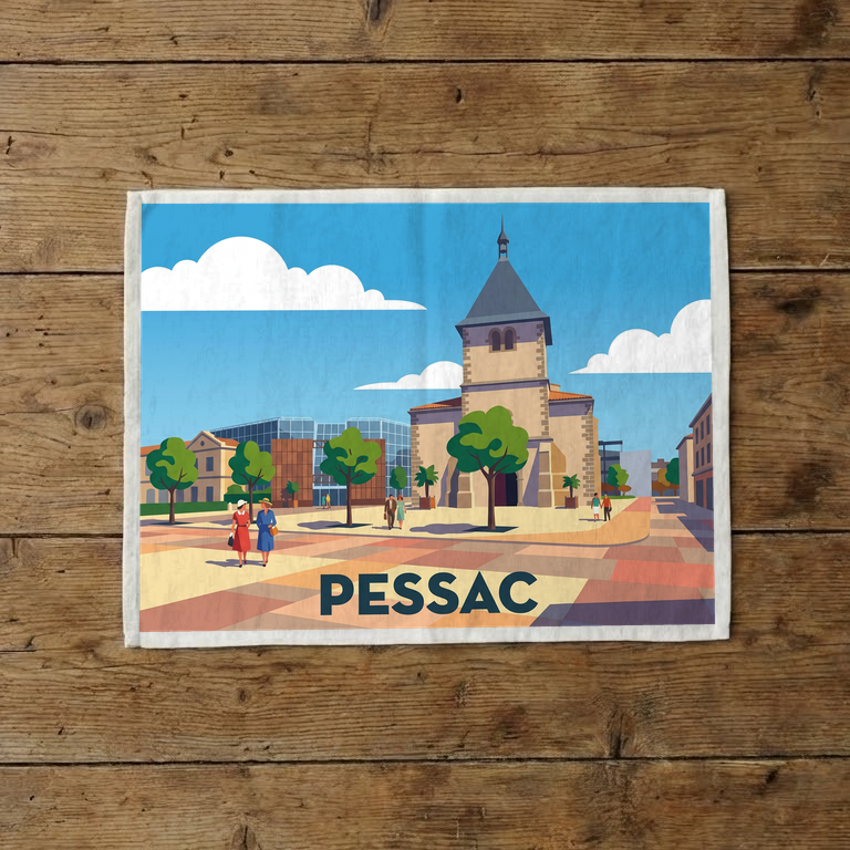 Torchon souvenir de la ville de Pessac avec une illustration stylisée de son centre-ville.