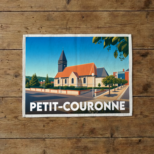 Torchon souvenir de la ville de Petit-Couronne avec une illustration stylisée de son église.