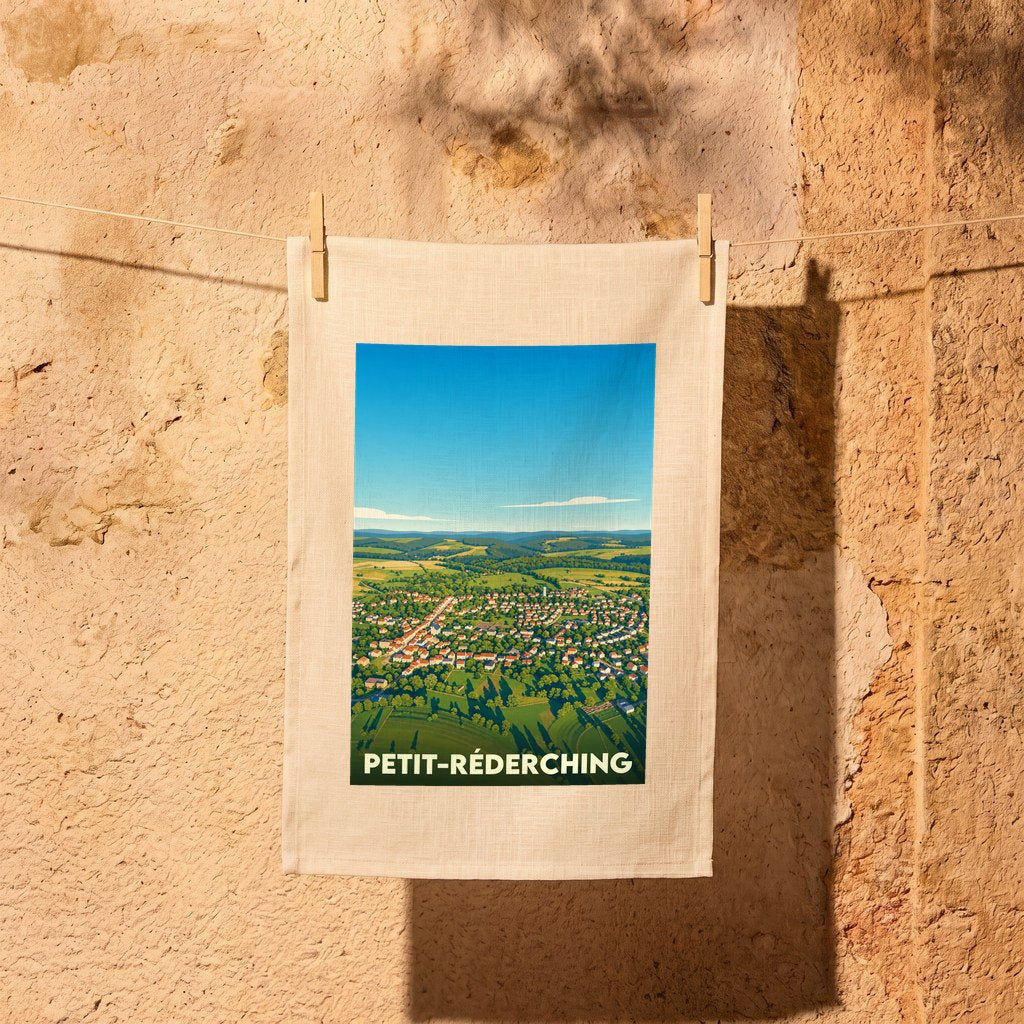 Torchon souvenir de la ville de Petit-Réderching orné d'une illustration paysagère stylisée.