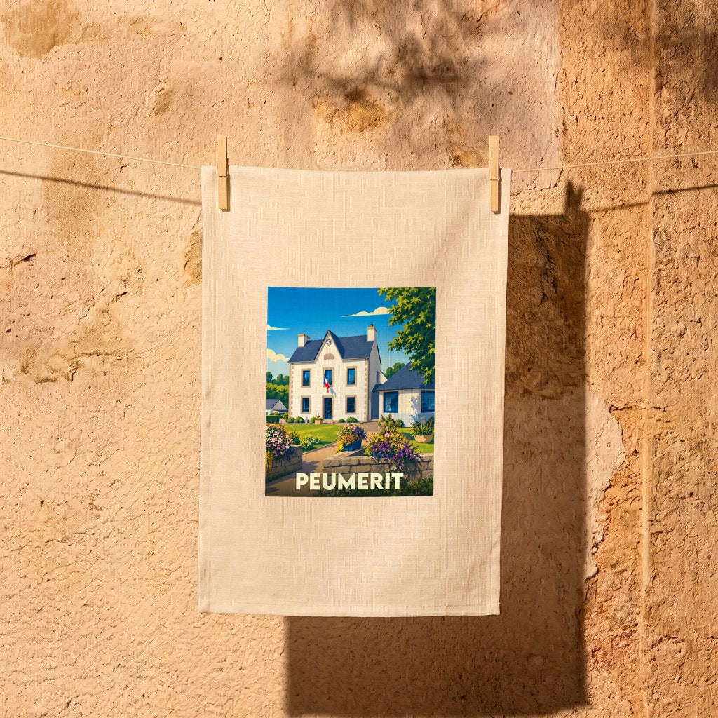 Torchon souvenir de la ville de Peumerit illustré d'une scène de village colorée.