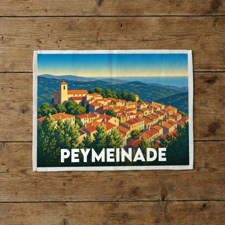 Torchon souvenir de la ville de Peymeinade avec une illustration stylisée d'un village provençal niché dans les collines.