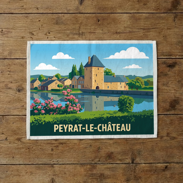 Torchon souvenir de la ville de Peyrat-le-Château avec une illustration stylisée du village au bord de l'eau.