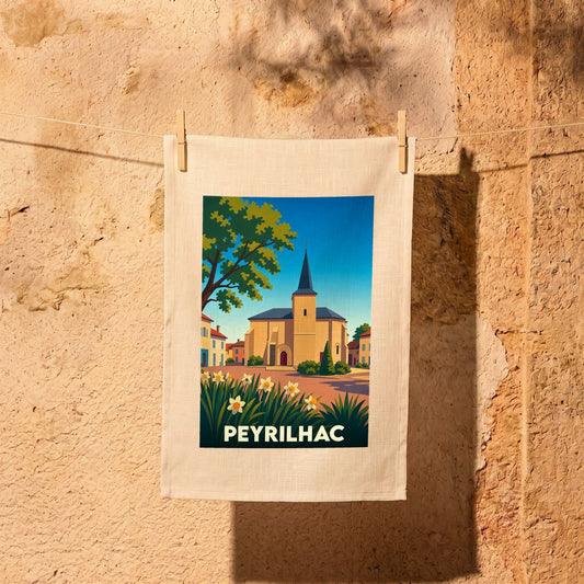Torchon souvenir de la ville de Peyrilhac avec une illustration stylisée de son église.