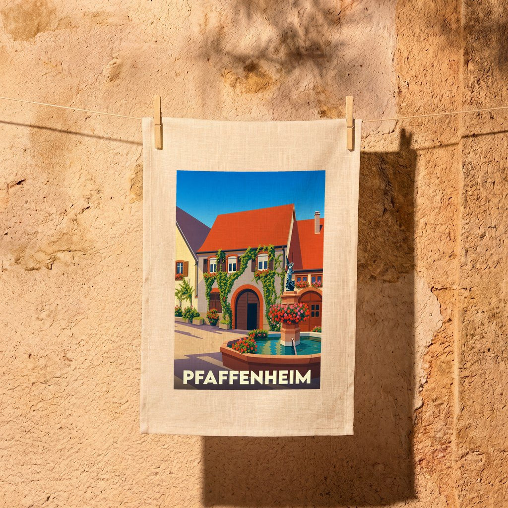 Torchon souvenir de la ville de Pfaffenheim illustré d'une scène de village colorée avec une fontaine.