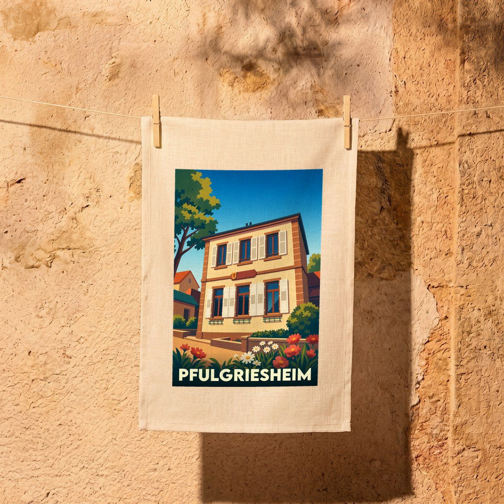Torchon souvenir de la ville de Pfulgriesheim orné d'une illustration stylisée de sa mairie fleurie.