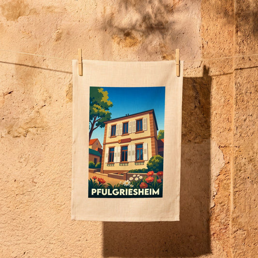Torchon souvenir de la ville de Pfulgriesheim orné d'une illustration stylisée de sa mairie fleurie.