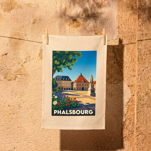 Torchon souvenir de la ville de Phalsbourg avec une illustration stylisée d'une place historique.